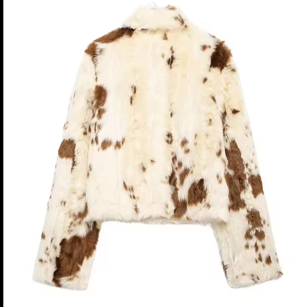 Women Casual Faux Fur Lapel Jacket Fashion Cow Print Autumn Winter - Picture 10 of 10